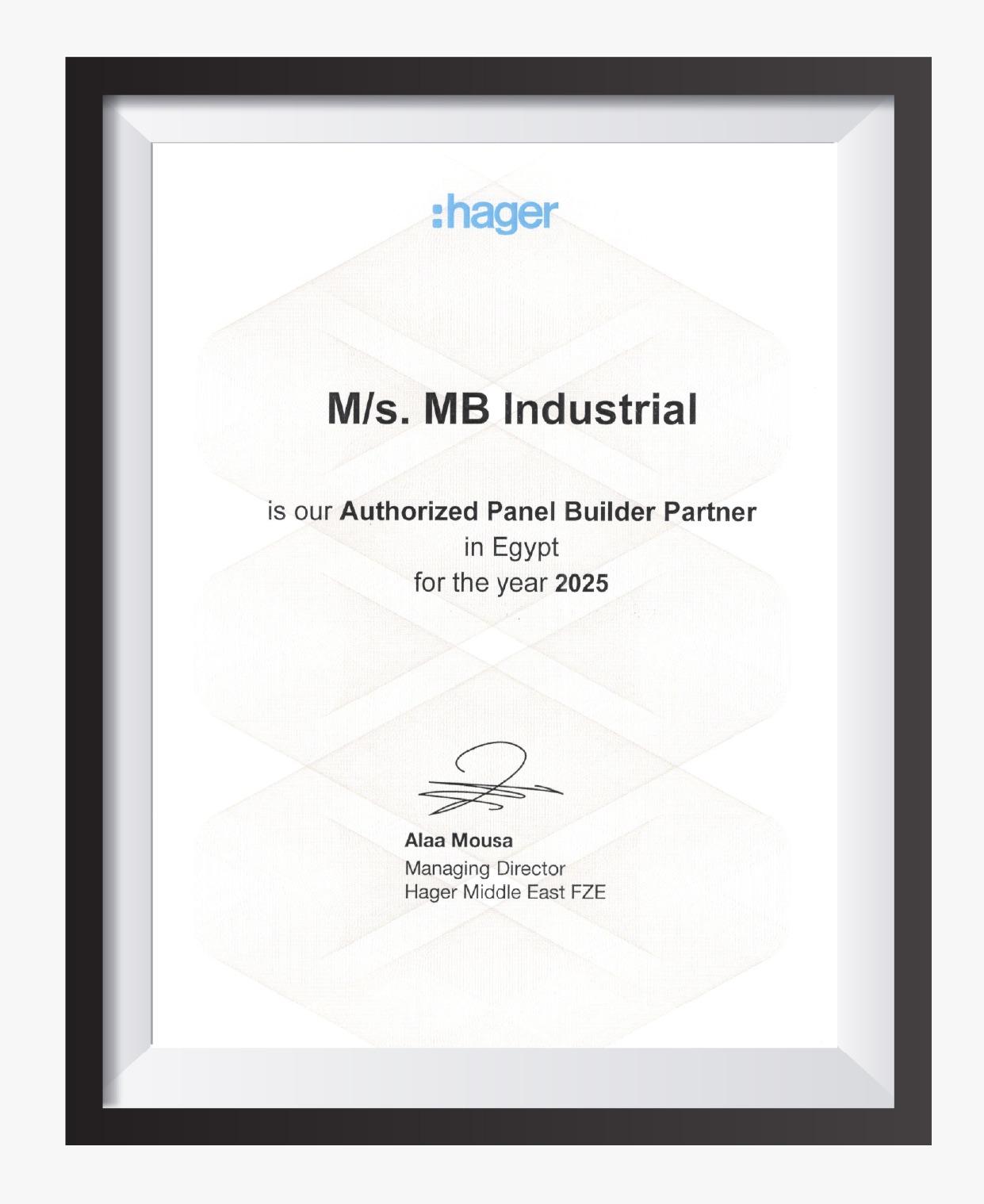 Hager certificate — Authorized Panel Builder Partner in Egypt 2025